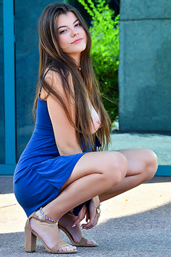 Brunette Hottie In Blue Dress